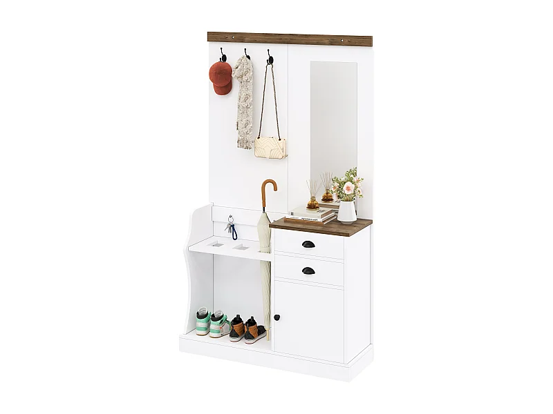 Garderobe avec miroir, crochets, tiroirs et porte-parapluie, bois et blanc (110.5x38x191 cm)