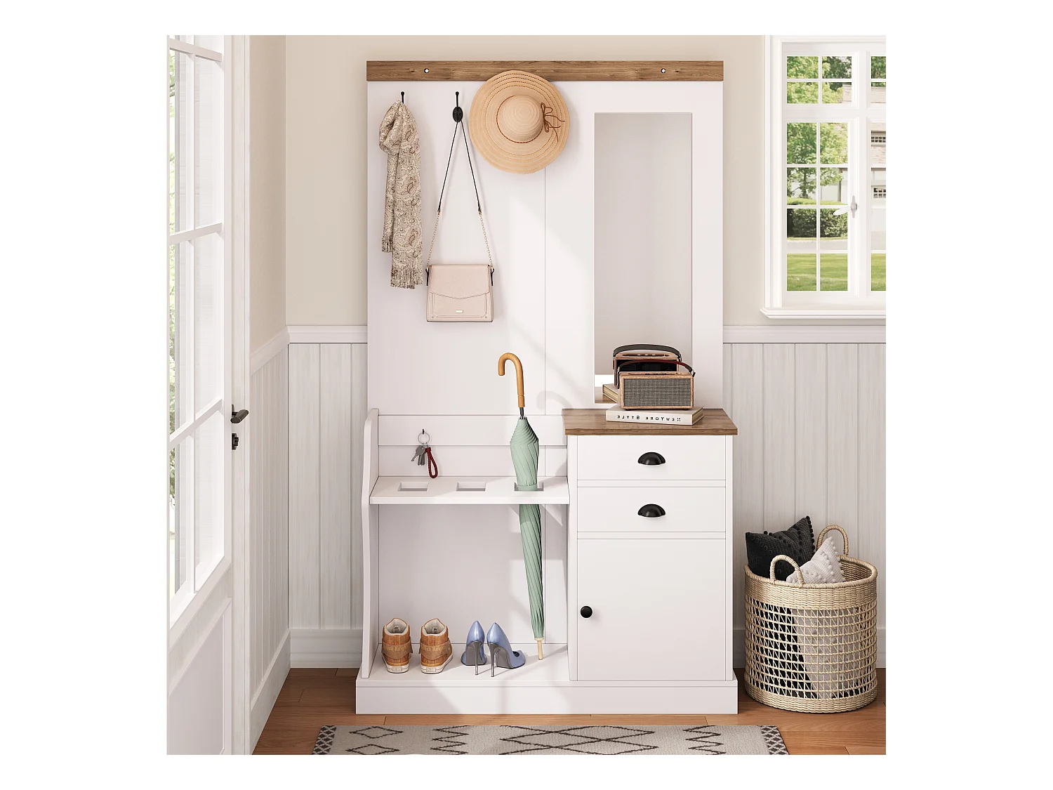 Garderobe avec miroir, crochets, tiroirs et porte-parapluie, bois et blanc (110.5x38x191 cm)
