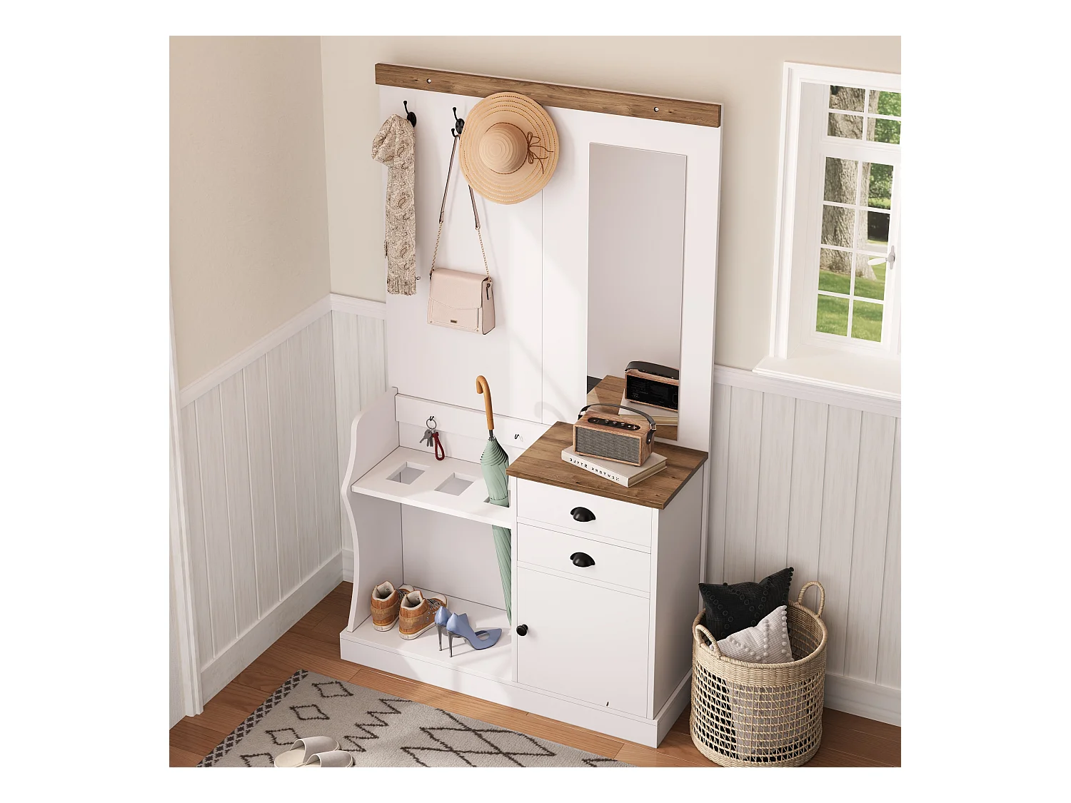 Garderobe avec miroir, crochets, tiroirs et porte-parapluie, bois et blanc (110.5x38x191 cm)