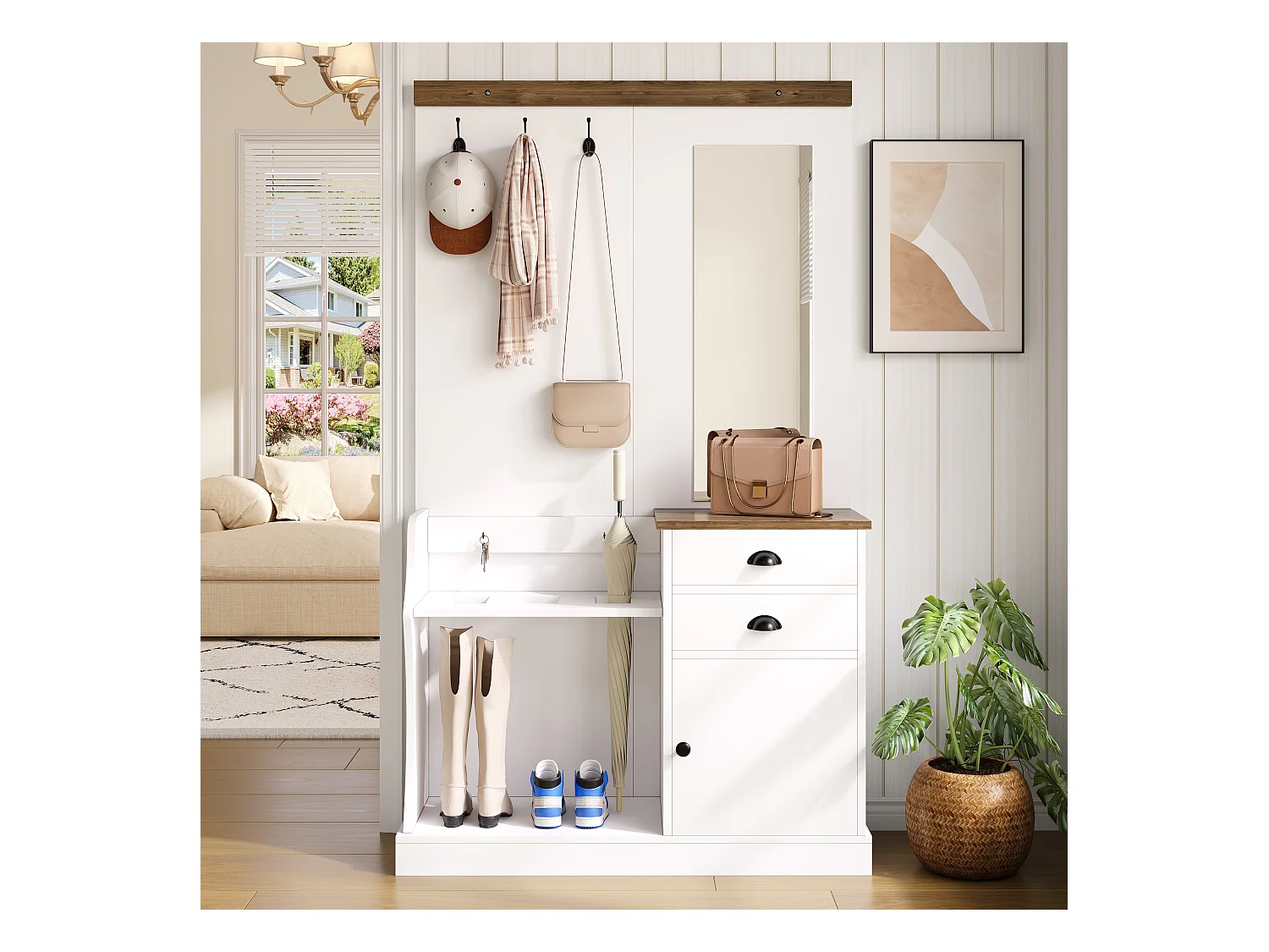 Garderobe avec miroir, crochets, tiroirs et porte-parapluie, bois et blanc (110.5x38x191 cm)