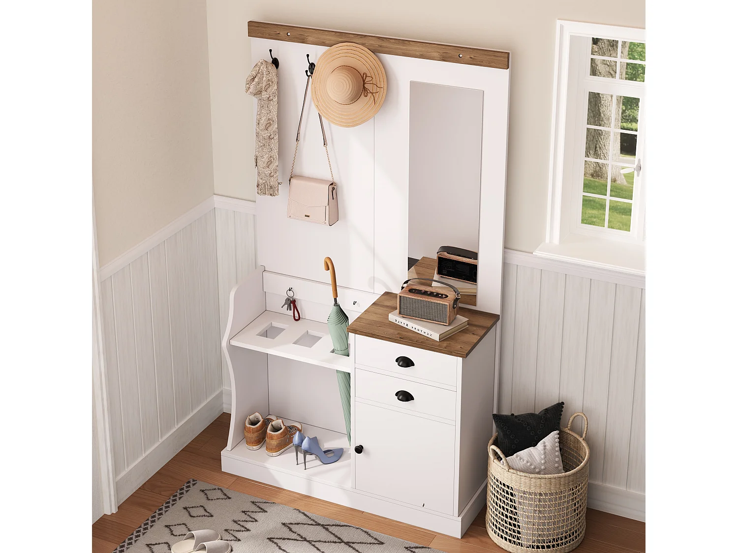 Armadio con specchio, ganci, cassetti e portaombrelli, legno e bianco (110,5x38x191 cm)