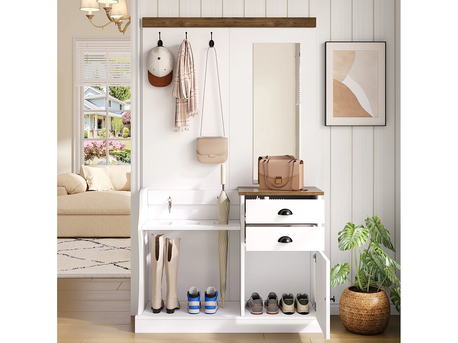 Armadio con specchio, ganci, cassetti e portaombrelli, legno e bianco (110,5x38x191 cm)