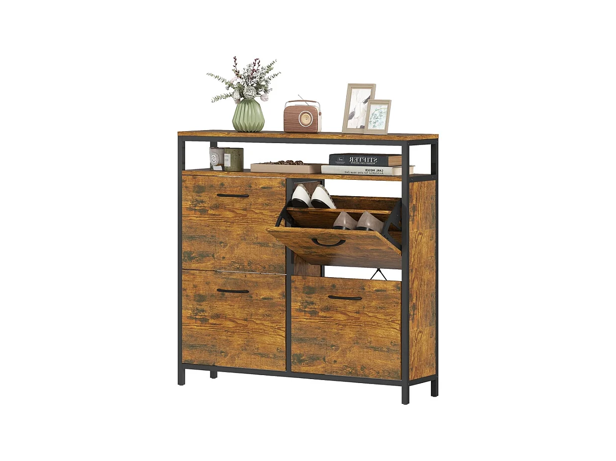 Meuble à chaussures avec 4 tiroirs, acier et bois, design industriel, noir et marron, (98x24x95 cm)