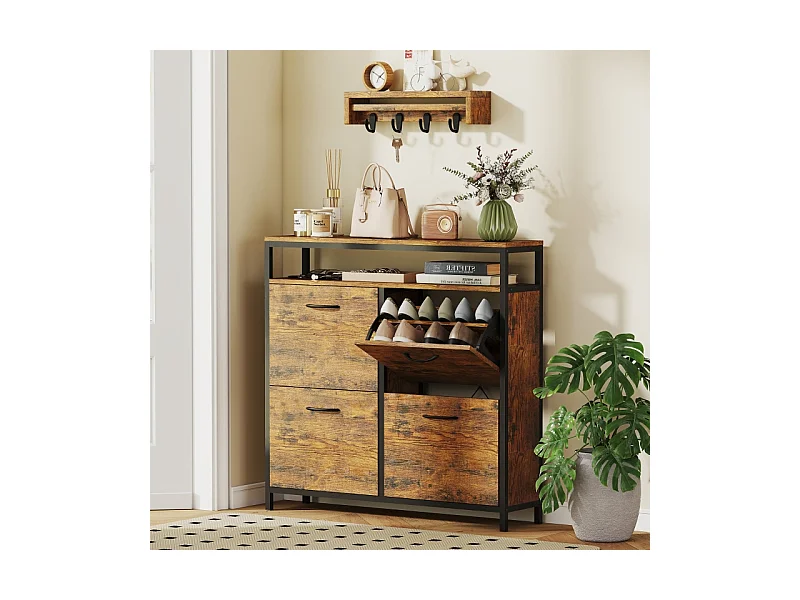 Meuble à chaussures avec 4 tiroirs, acier et bois, design industriel, noir et marron, (98x24x95 cm)