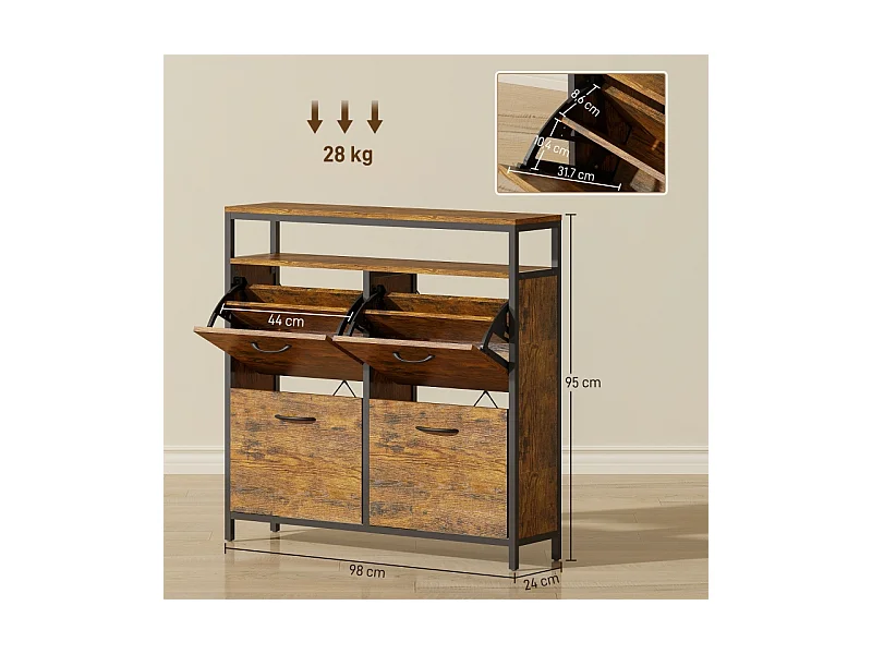 Meuble à chaussures avec 4 tiroirs, acier et bois, design industriel, noir et marron, (98x24x95 cm)