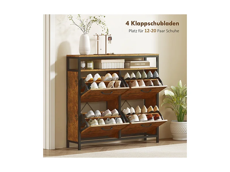 Meuble à chaussures avec 4 tiroirs, acier et bois, design industriel, noir et marron, (98x24x95 cm)