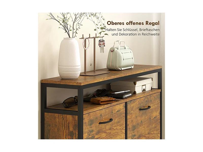 Meuble à chaussures avec 4 tiroirs, acier et bois, design industriel, noir et marron, (98x24x95 cm)