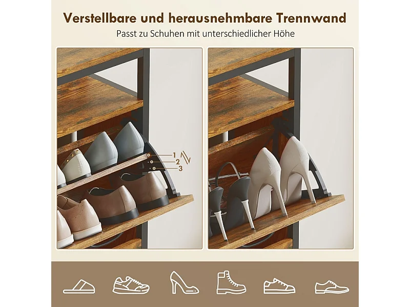 Meuble à chaussures avec 4 tiroirs, acier et bois, design industriel, noir et marron, (98x24x95 cm)