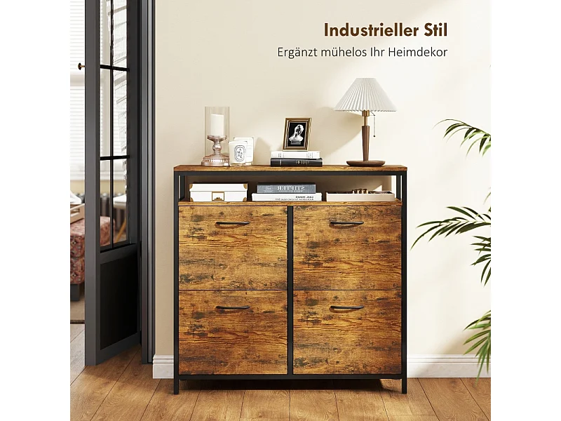 Meuble à chaussures avec 4 tiroirs, acier et bois, design industriel, noir et marron, (98x24x95 cm)