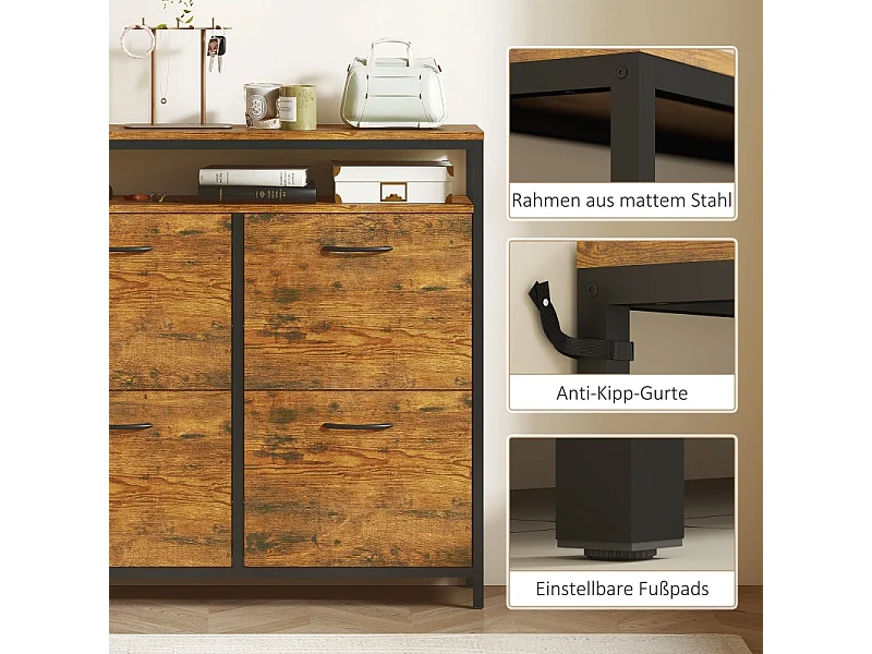 Meuble à chaussures avec 4 tiroirs, acier et bois, design industriel, noir et marron, (98x24x95 cm)