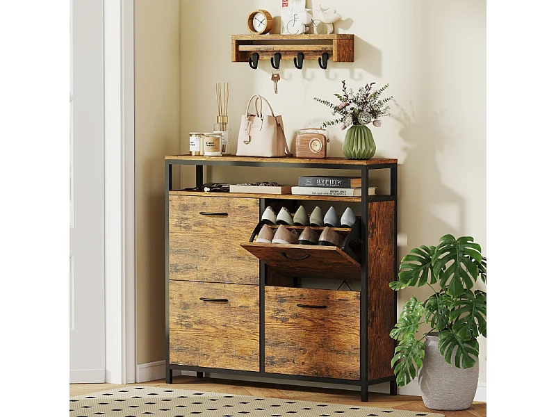 Meuble à chaussures avec 4 tiroirs, acier et bois, design industriel, noir et marron, (98x24x95 cm)
