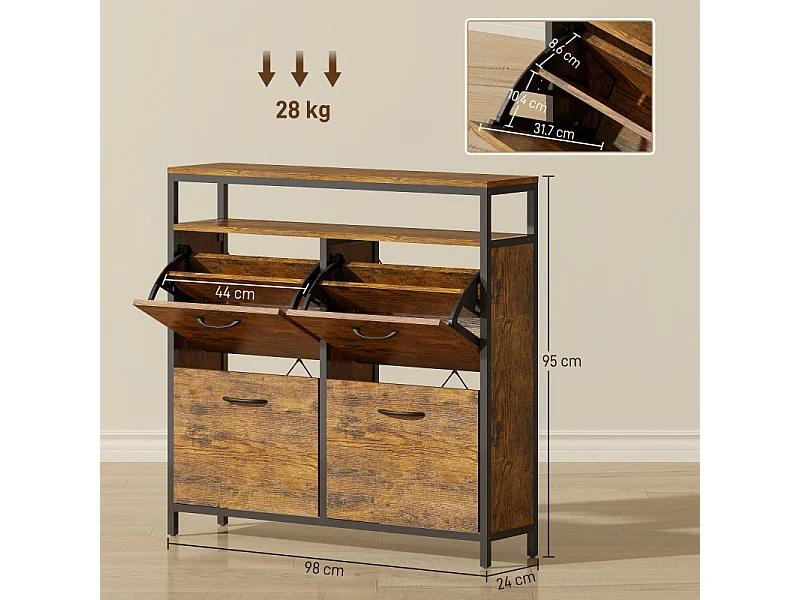 Meuble à chaussures avec 4 tiroirs, acier et bois, design industriel, noir et marron, (98x24x95 cm)