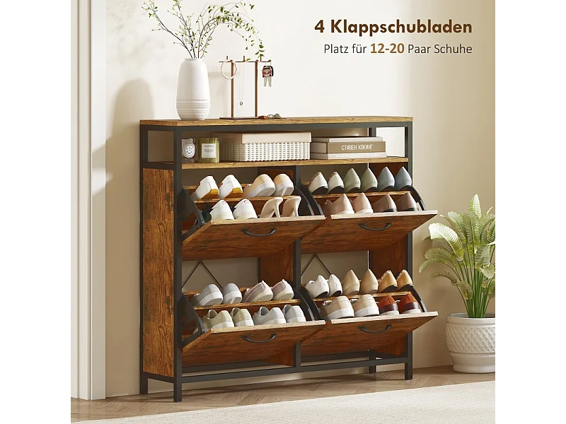 Meuble à chaussures avec 4 tiroirs, acier et bois, design industriel, noir et marron, (98x24x95 cm)
