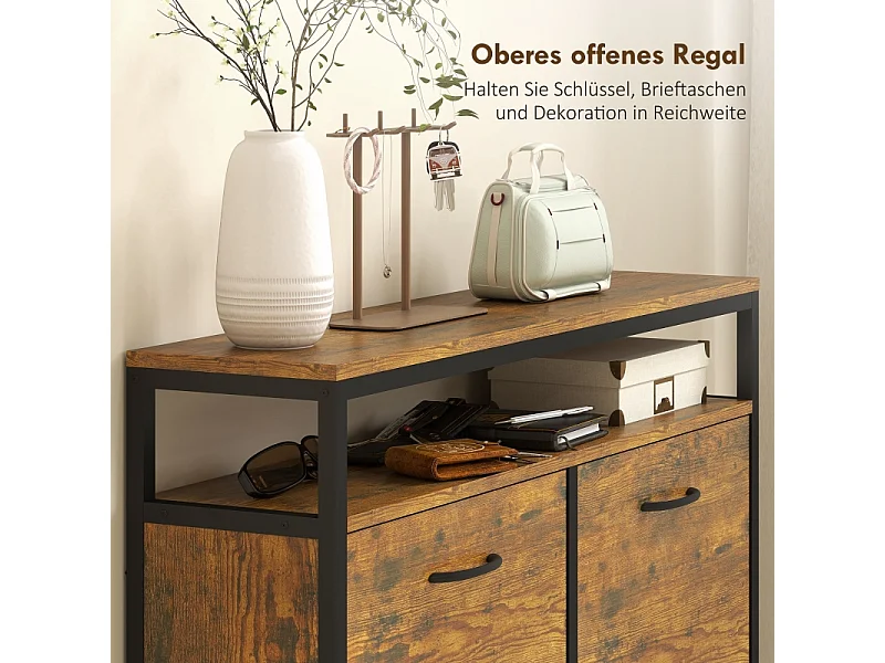 Meuble à chaussures avec 4 tiroirs, acier et bois, design industriel, noir et marron, (98x24x95 cm)