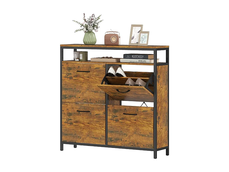 Scarpiera con 4 cassetti, acciaio e legno, design industriale, nero e marrone, (98x24x95 cm)