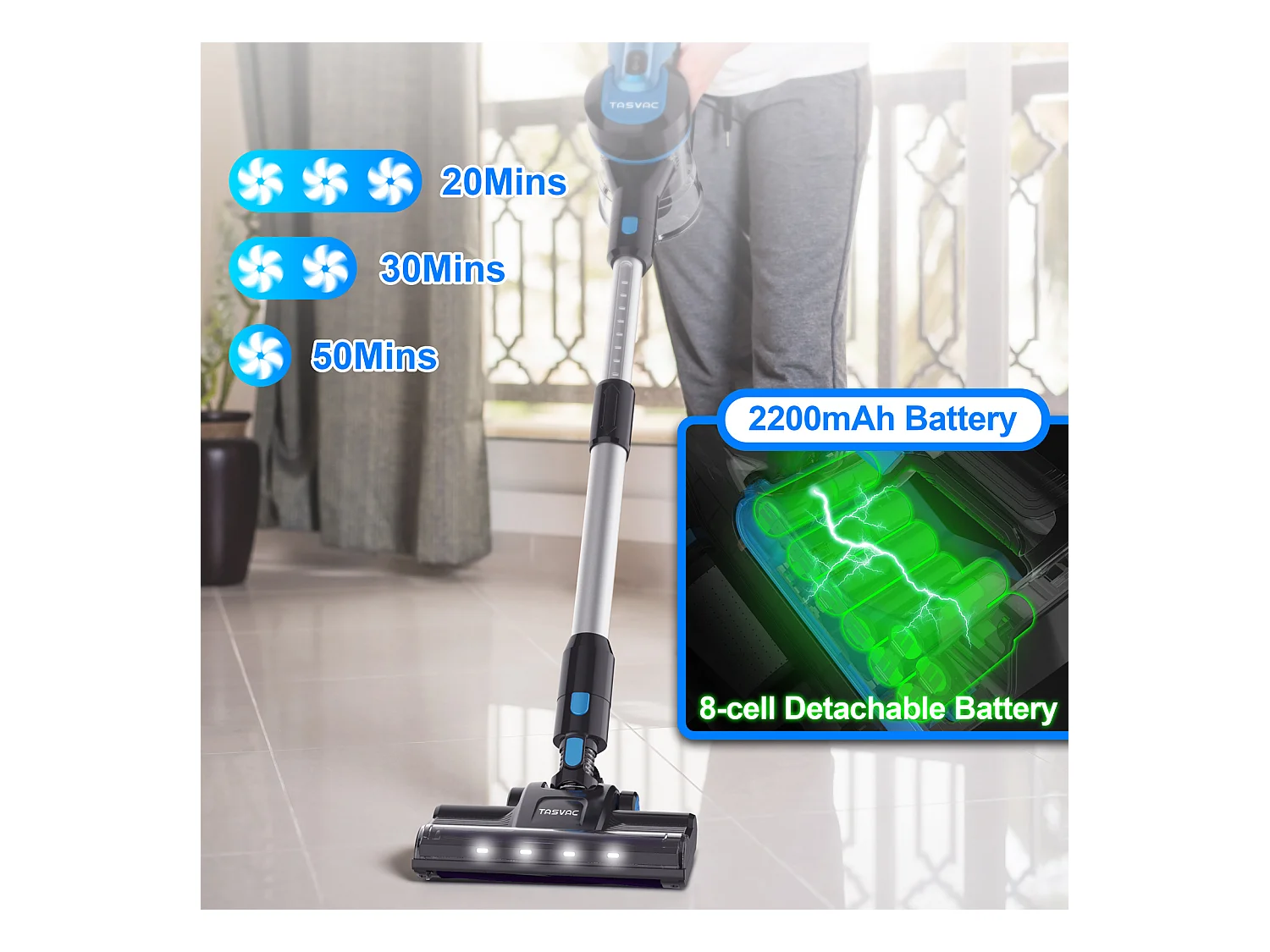 Aspirateur sans fil, 260W avec affichage LED, rouleau doux, batterie amovible, 23 kPa, vert (43.5x32.5x19.5 cm)