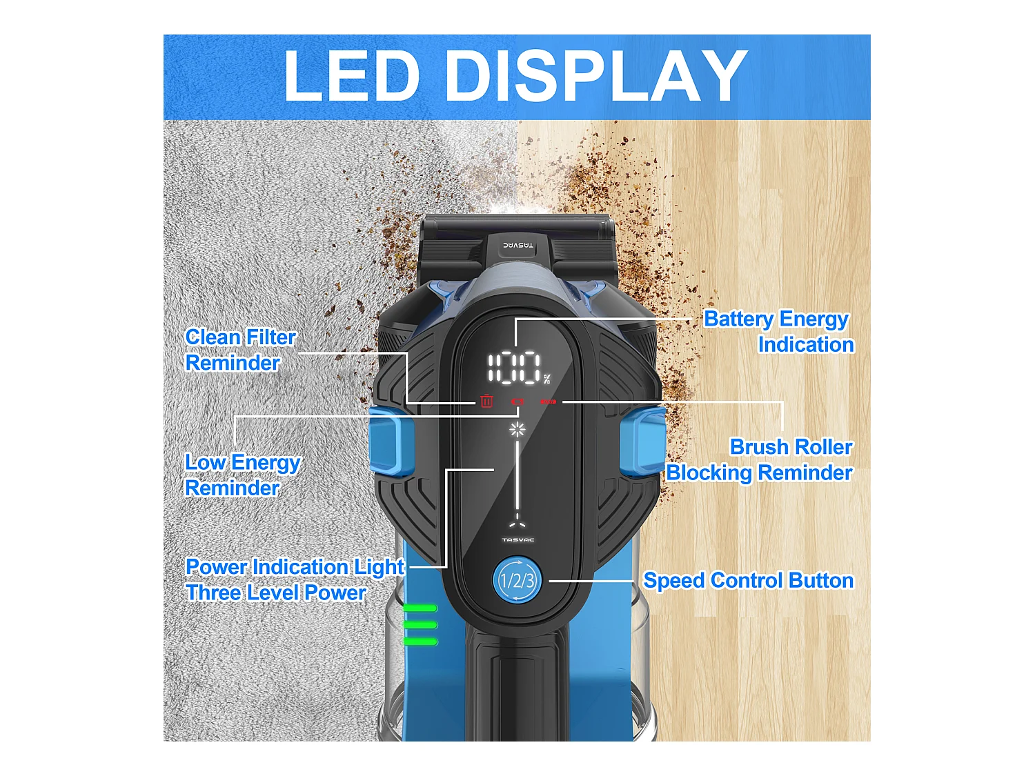 Aspirateur sans fil, 260W avec affichage LED, rouleau doux, batterie amovible, 23 kPa, vert (43.5x32.5x19.5 cm)