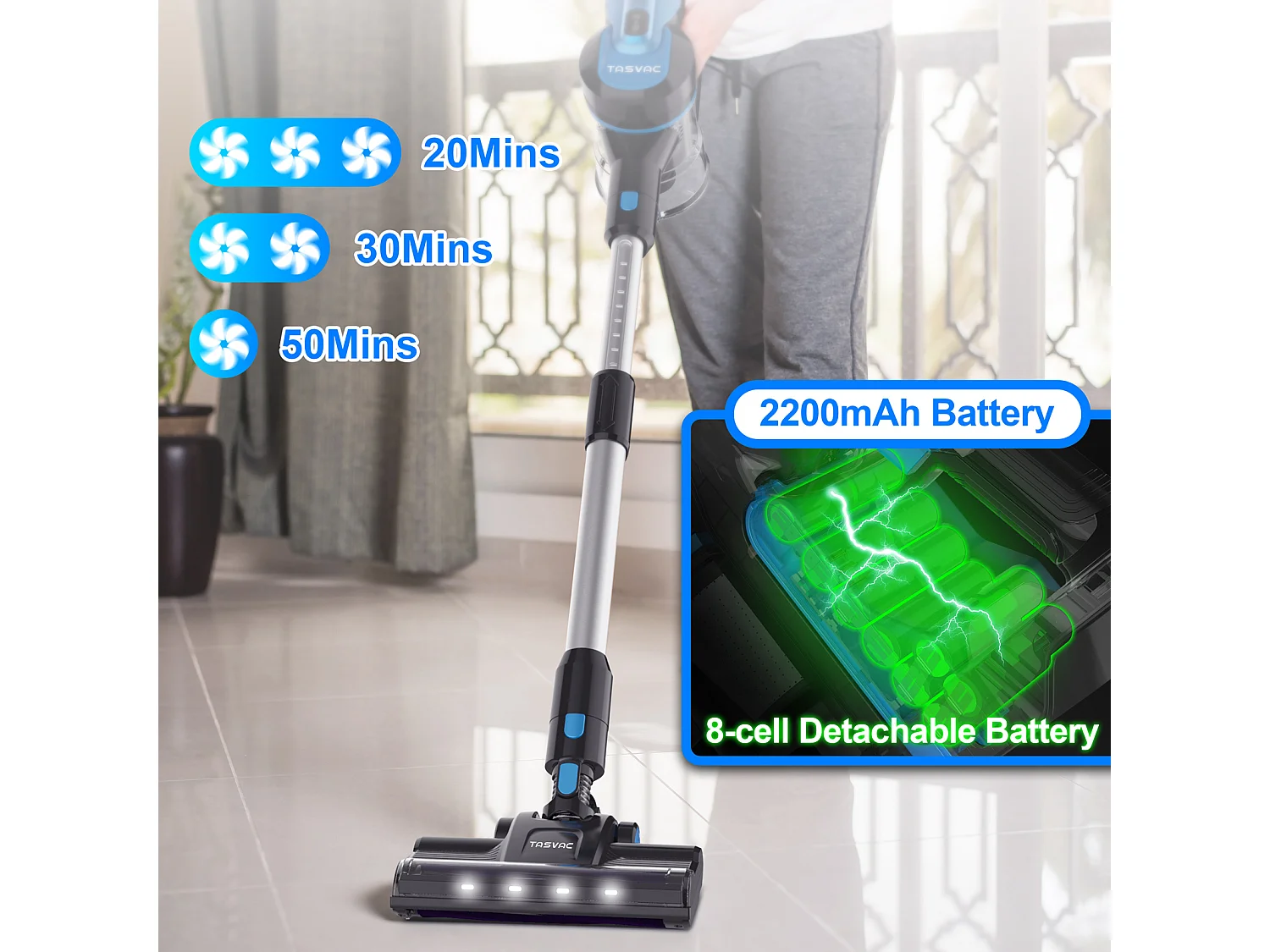 Aspirapolvere senza fili, 260W con display LED, rullo morbido, batteria rimovibile, 23 kPa, verde (43,5x32,5x19,5 cm)