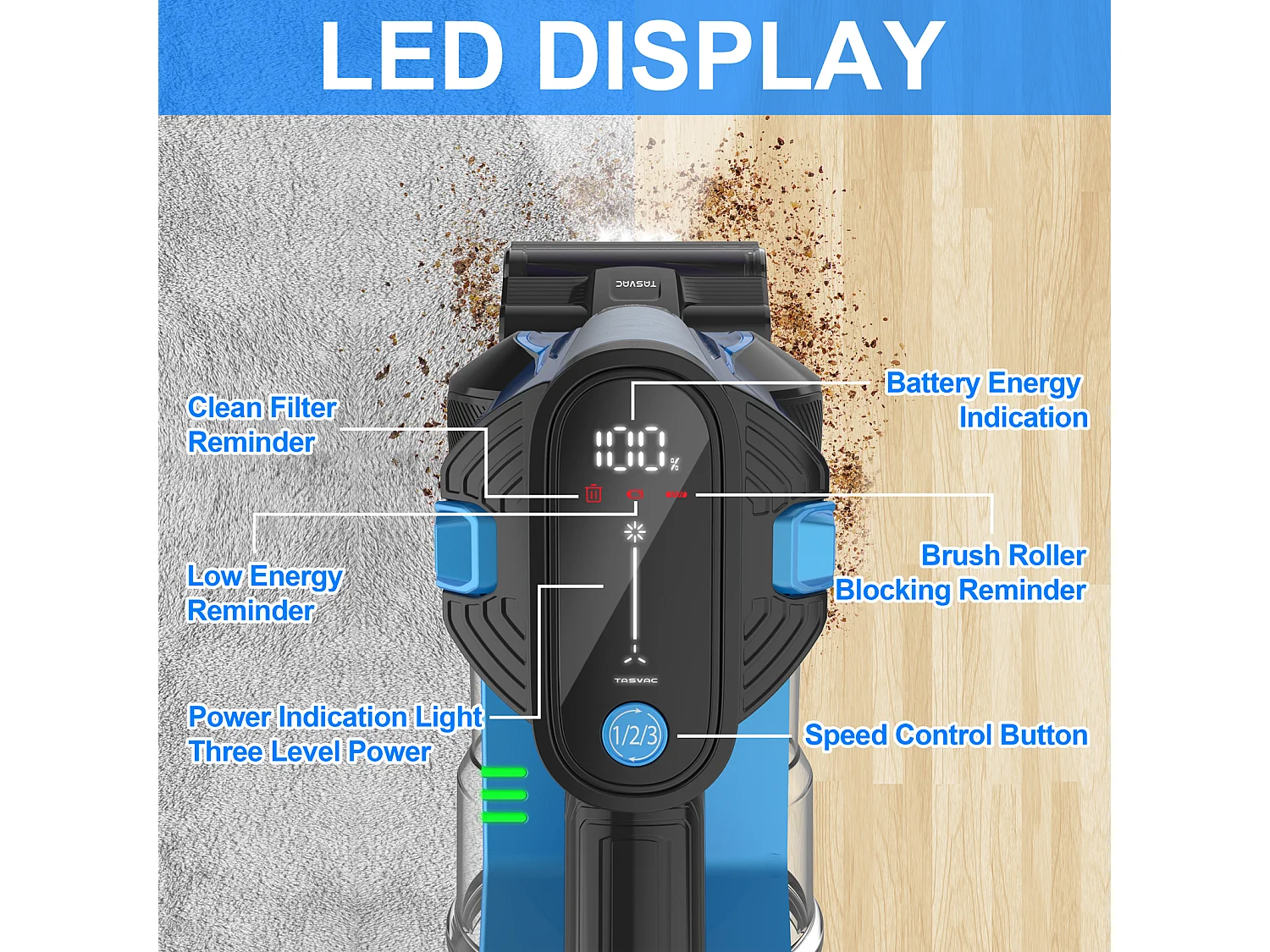 Aspirapolvere senza fili, 260W con display LED, rullo morbido, batteria rimovibile, 23 kPa, verde (43,5x32,5x19,5 cm)