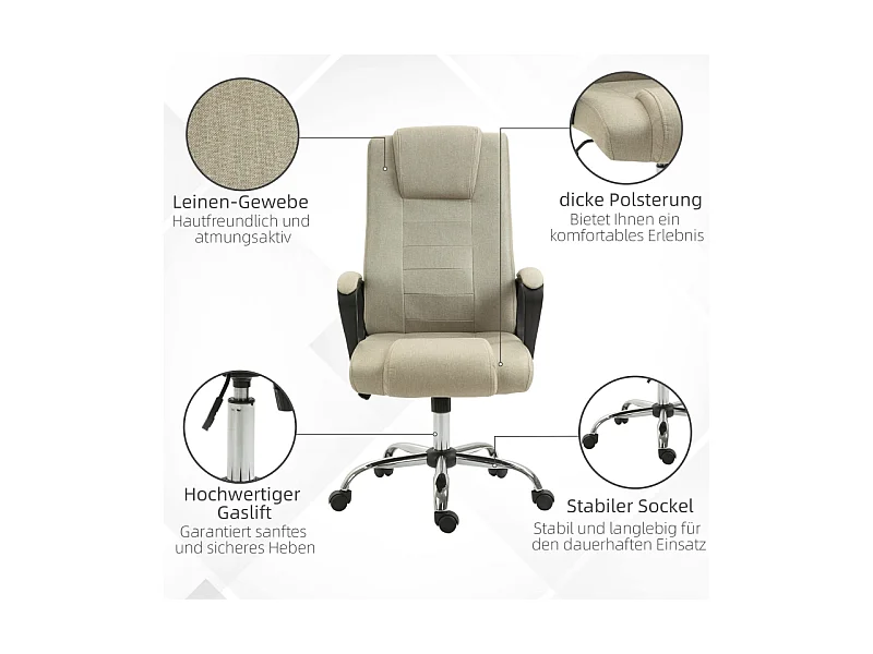 Chaise de bureau avec réglage de hauteur, fonction basculante, tissu lin, beige, (62x76x110-119 cm)