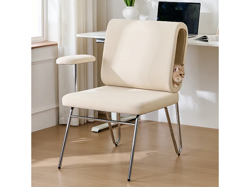 Chaise de bureau avec lit pour chat intégré, design ergonomique, matériau résistant aux griffures, tissu, acier et bois, beige (77x70x89cm)