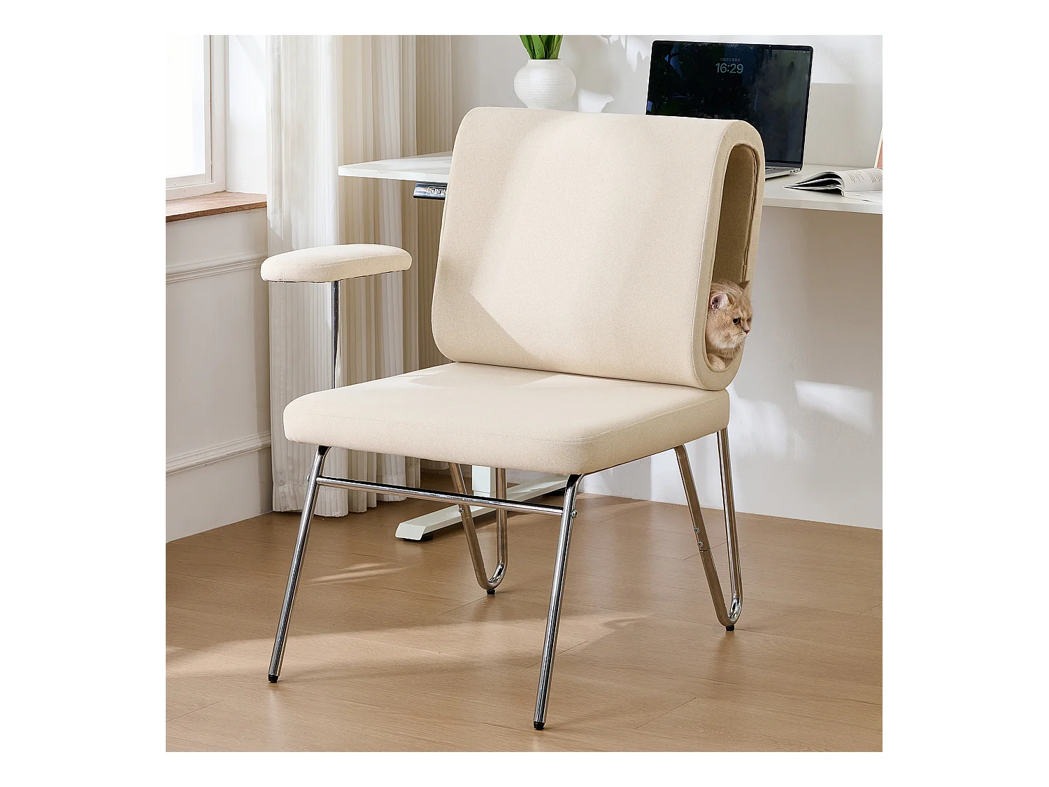 Chaise de bureau avec lit pour chat intégré, design ergonomique, matériau résistant aux griffures, tissu, acier et bois, beige (77x70x89cm)