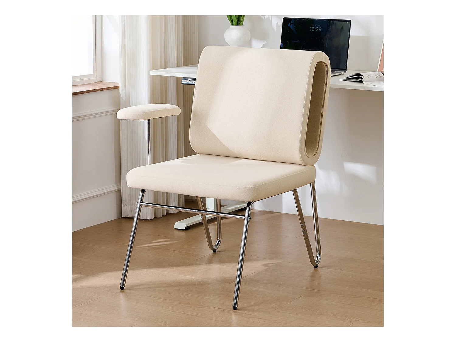 Chaise de bureau avec lit pour chat intégré, design ergonomique, matériau résistant aux griffures, tissu, acier et bois, beige (77x70x89cm)