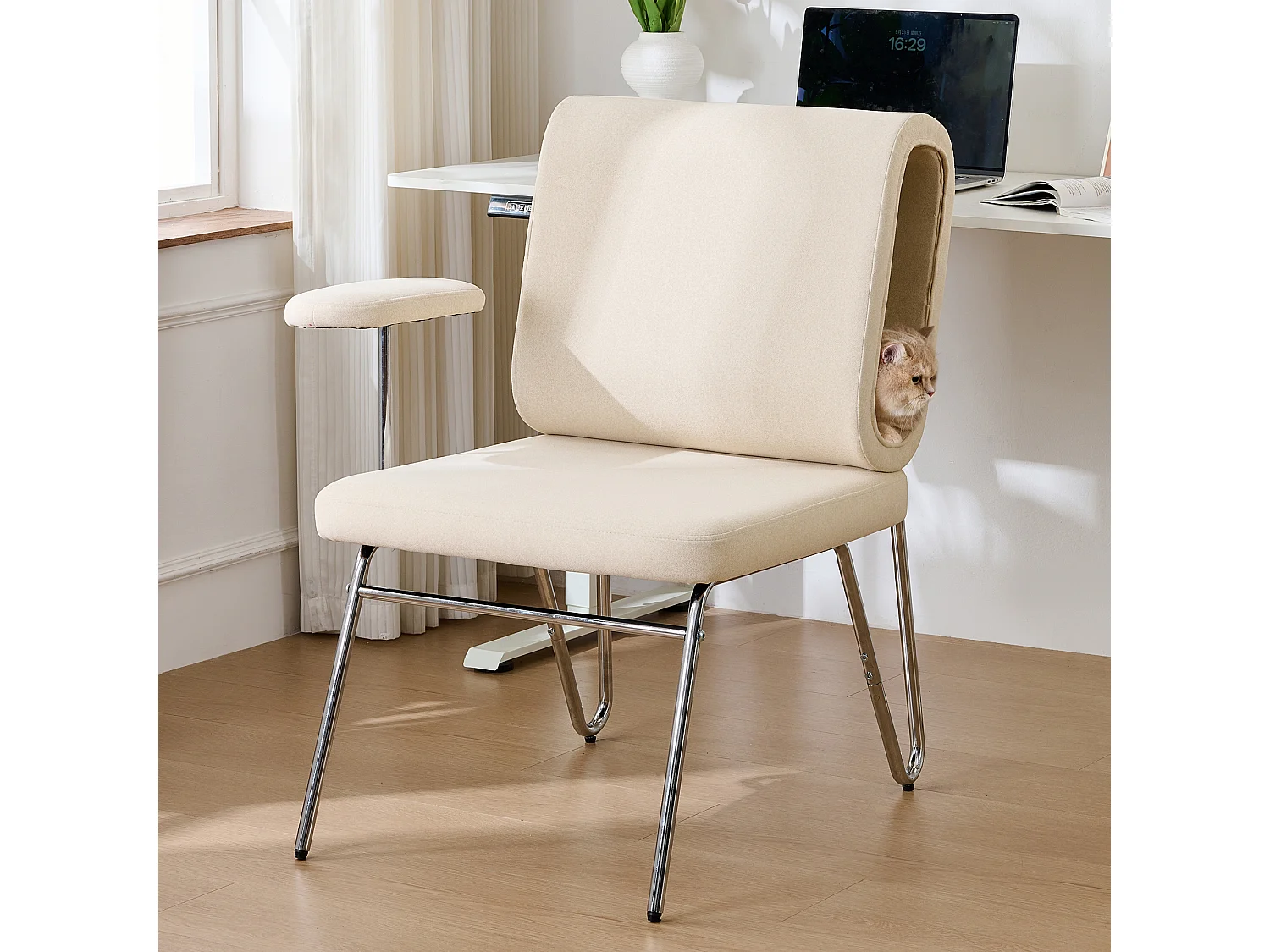 Chaise de bureau avec lit pour chat intégré, design ergonomique, matériau résistant aux griffures, tissu, acier et bois, beige (77x70x89cm)