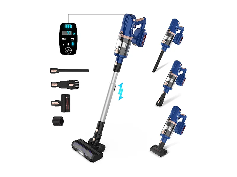 Aspirateur balai sans fil 2-en-1, moteur 300W, filtration HEPA, batterie 4000mAh, affichage LED, bleu (30x25x115 cm)