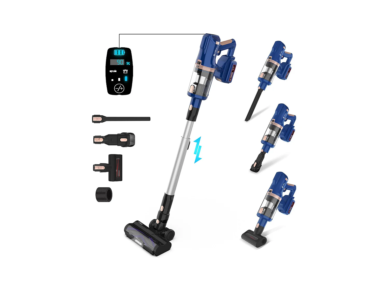 Aspirateur balai sans fil 2-en-1, moteur 300W, filtration HEPA, batterie 4000mAh, affichage LED, bleu (30x25x115 cm)