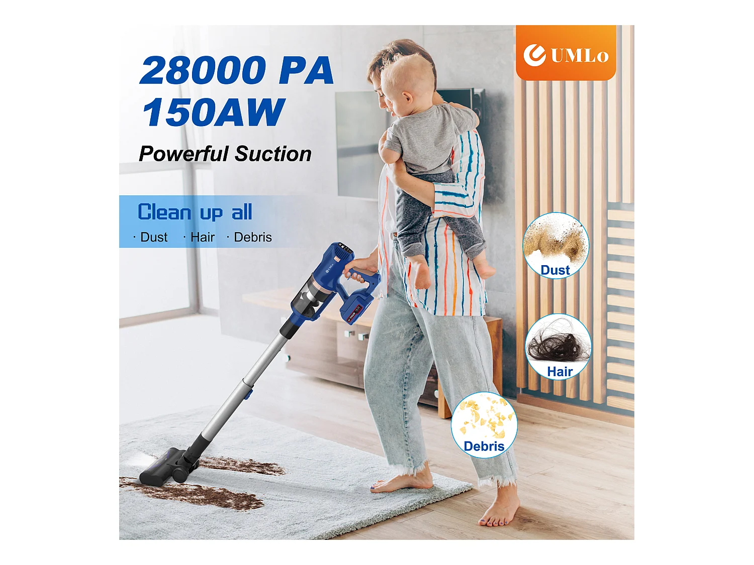 Aspirateur balai sans fil 2-en-1, moteur 300W, filtration HEPA, batterie 4000mAh, affichage LED, bleu (30x25x115 cm)