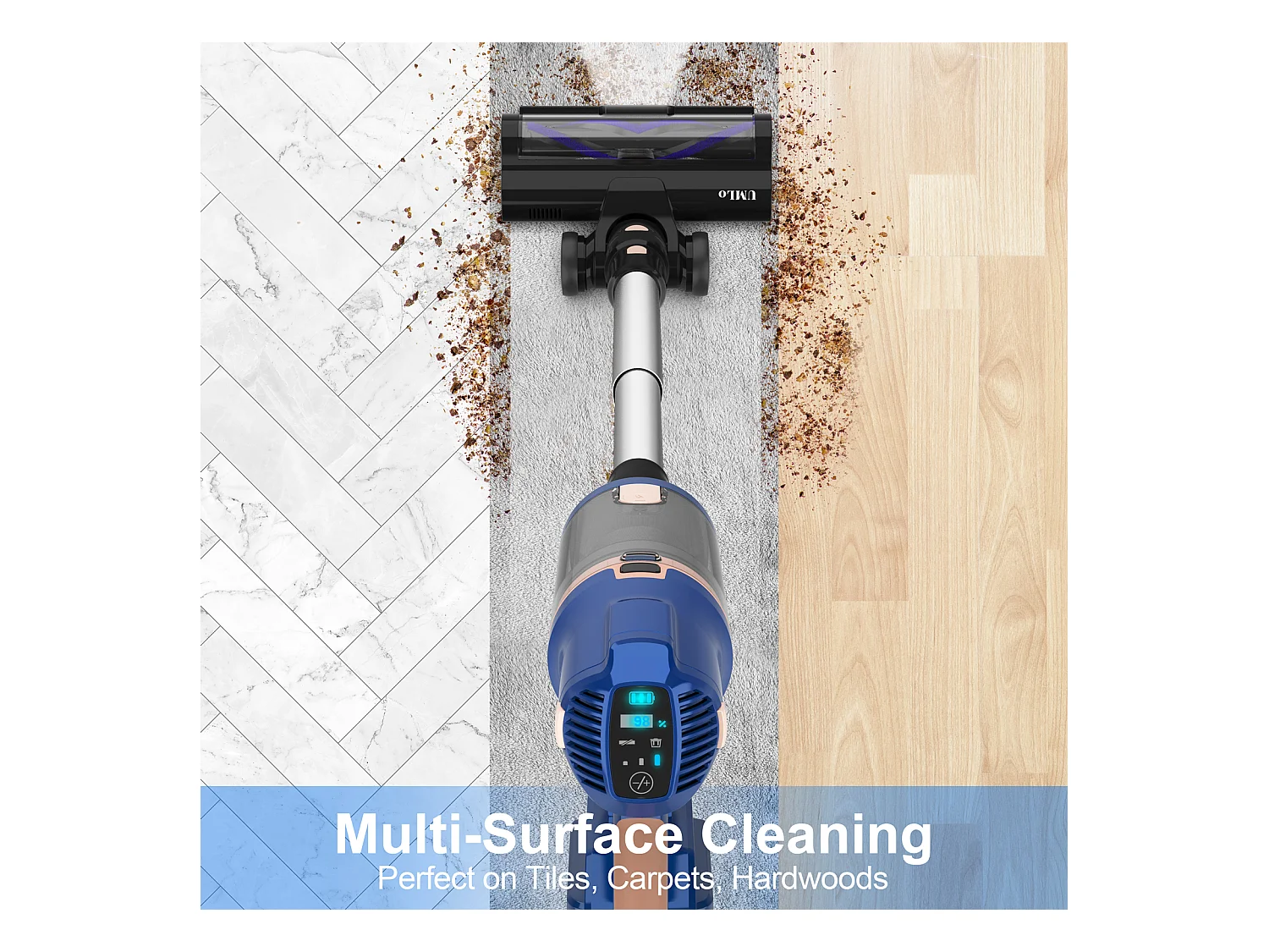 Aspirateur balai sans fil 2-en-1, moteur 300W, filtration HEPA, batterie 4000mAh, affichage LED, bleu (30x25x115 cm)