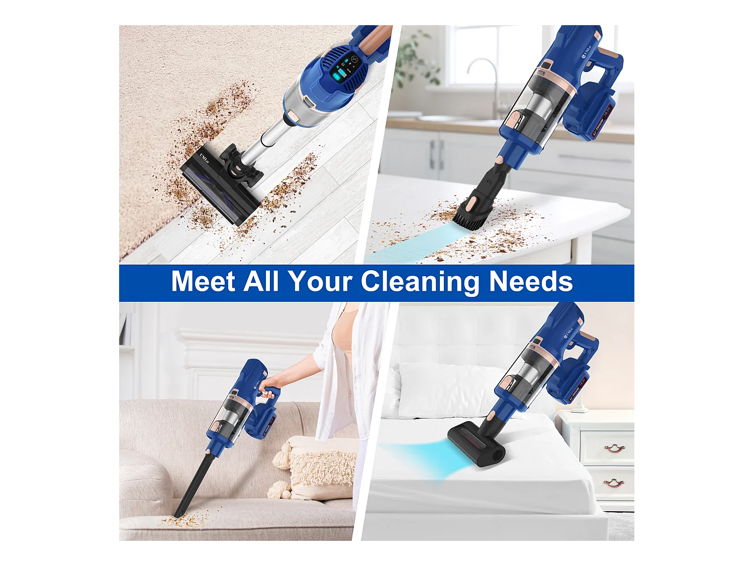 Aspirateur balai sans fil 2-en-1, moteur 300W, filtration HEPA, batterie 4000mAh, affichage LED, bleu (30x25x115 cm)