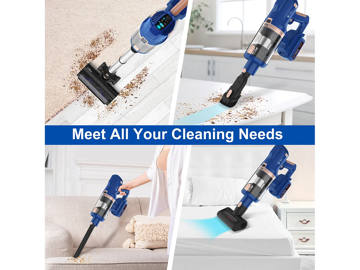 Aspirateur balai sans fil 2-en-1, moteur 300W, filtration HEPA, batterie 4000mAh, affichage LED, bleu (30x25x115 cm)