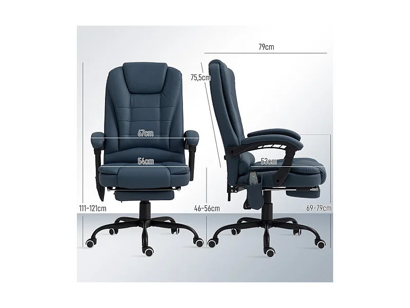 Fauteuil de bureau avec massage, 7 points de vibration, cuir synthétique, bleu (67x67x111-121 cm)
