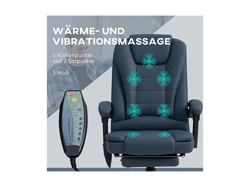 Fauteuil de bureau avec massage, 7 points de vibration, cuir synthétique, bleu (67x67x111-121 cm)
