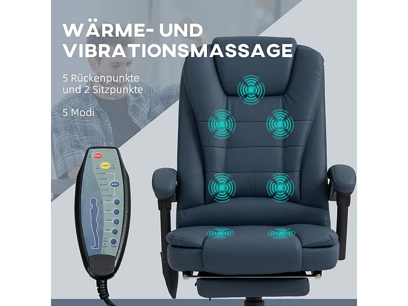 Sedia da ufficio con massaggio, 7 punti di vibrazione, similpelle, blu (67x67x111-121 cm)