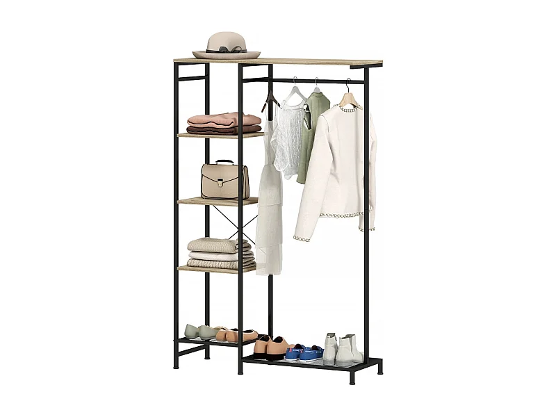 Porte-manteau avec barre pour vêtements, étagère à chaussures, structure en métal et bois, blanc et chêne (100x35x156 cm)