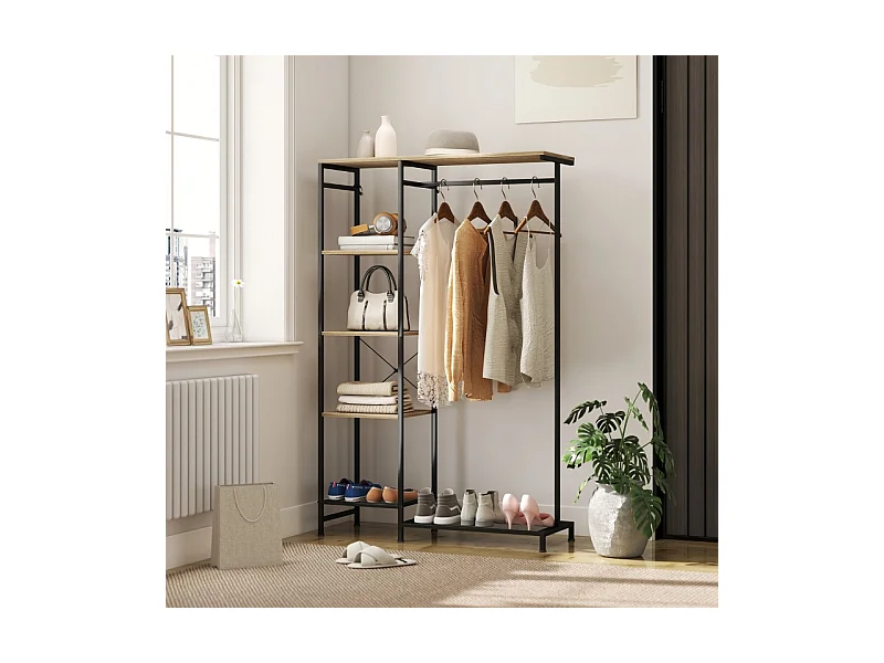 Porte-manteau avec barre pour vêtements, étagère à chaussures, structure en métal et bois, blanc et chêne (100x35x156 cm)