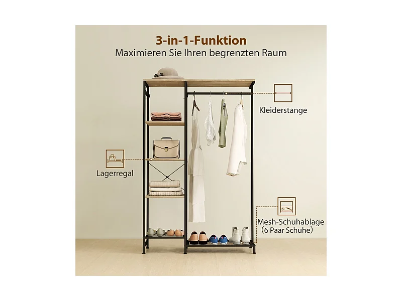 Porte-manteau avec barre pour vêtements, étagère à chaussures, structure en métal et bois, blanc et chêne (100x35x156 cm)