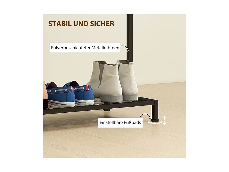 Porte-manteau avec barre pour vêtements, étagère à chaussures, structure en métal et bois, blanc et chêne (100x35x156 cm)