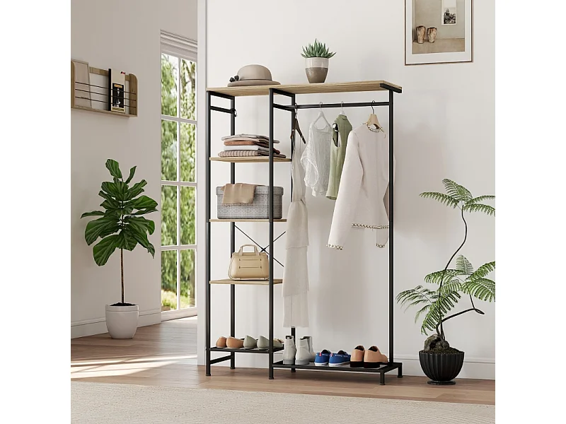 Porte-manteau avec barre pour vêtements, étagère à chaussures, structure en métal et bois, blanc et chêne (100x35x156 cm)