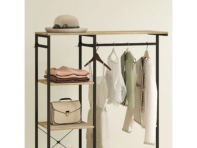 Porte-manteau avec barre pour vêtements, étagère à chaussures, structure en métal et bois, blanc et chêne (100x35x156 cm)