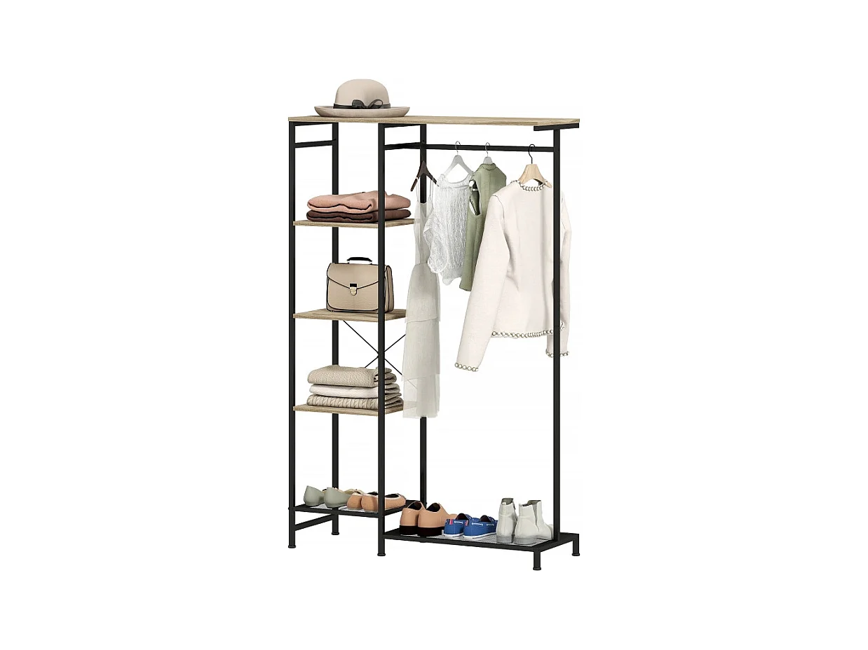Porte-manteau avec barre pour vêtements, étagère à chaussures, structure en métal et bois, blanc et chêne (100x35x156 cm)