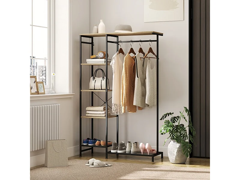 Appendiabiti con asta appendiabiti, scarpiera, struttura in metallo e legno, bianco e rovere (100x35x156 cm)