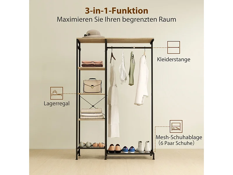 Appendiabiti con asta appendiabiti, scarpiera, struttura in metallo e legno, bianco e rovere (100x35x156 cm)