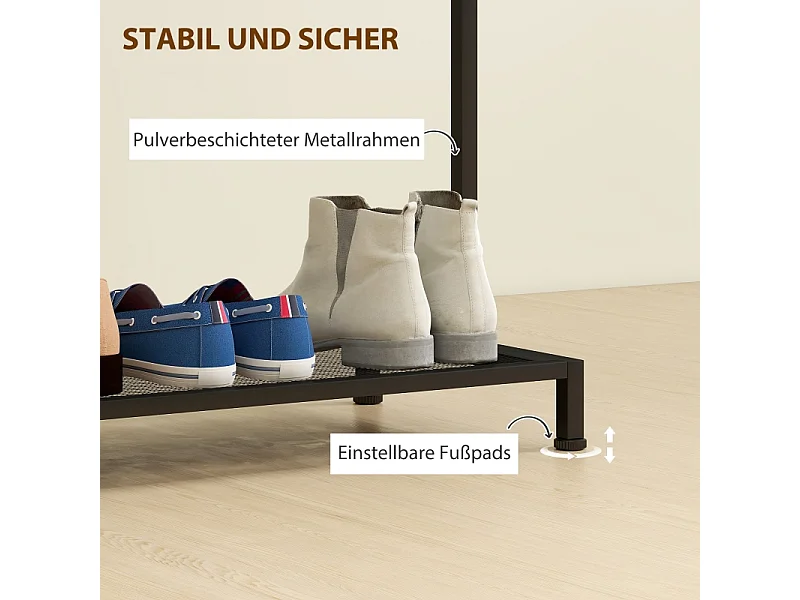 Appendiabiti con asta appendiabiti, scarpiera, struttura in metallo e legno, bianco e rovere (100x35x156 cm)