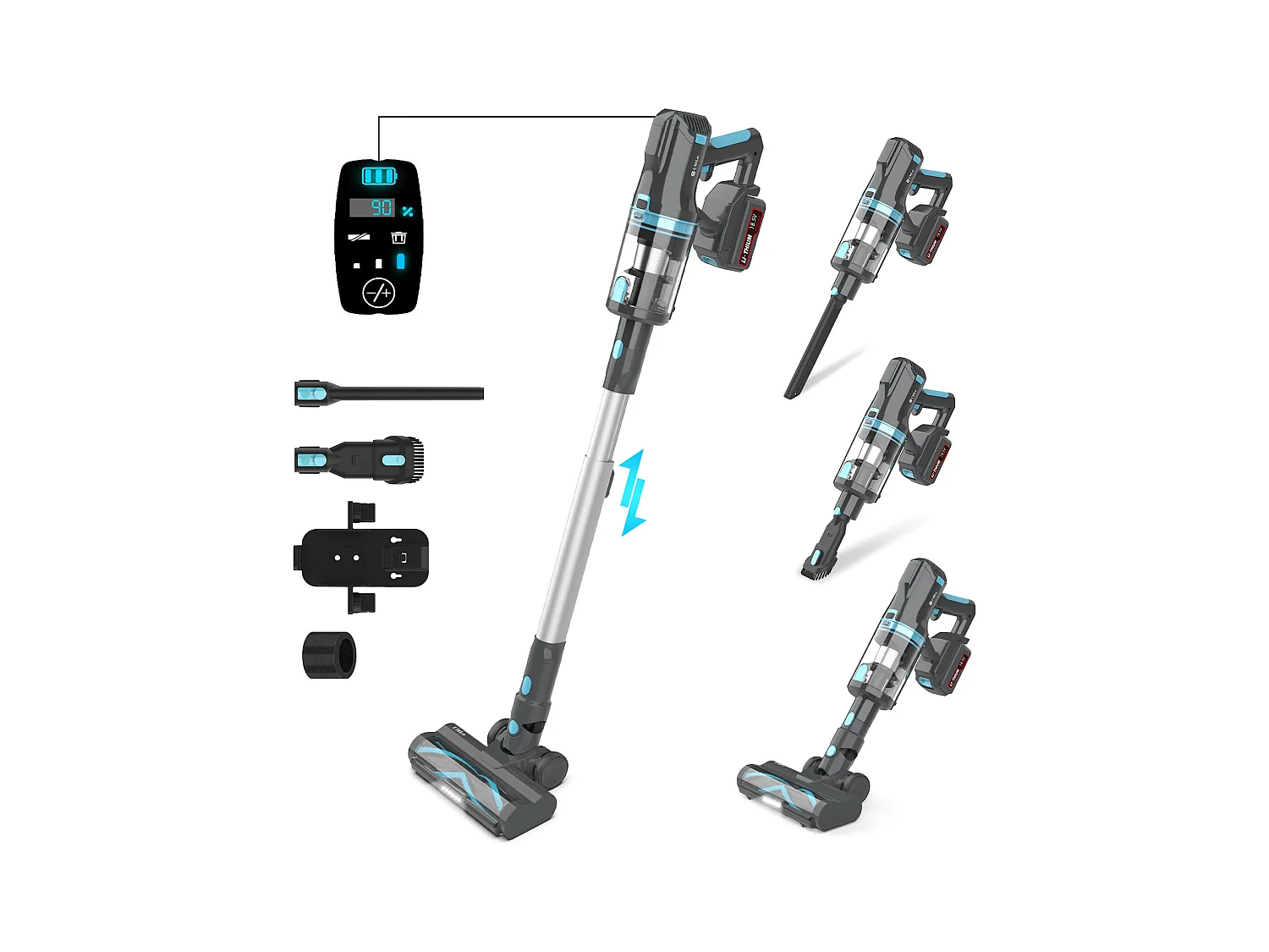 Aspirateur balai sans fil 2-en-1, 300W, batterie 4000mAh, filtration HEPA, affichage LED, bleu et gris (30x25x115 cm)