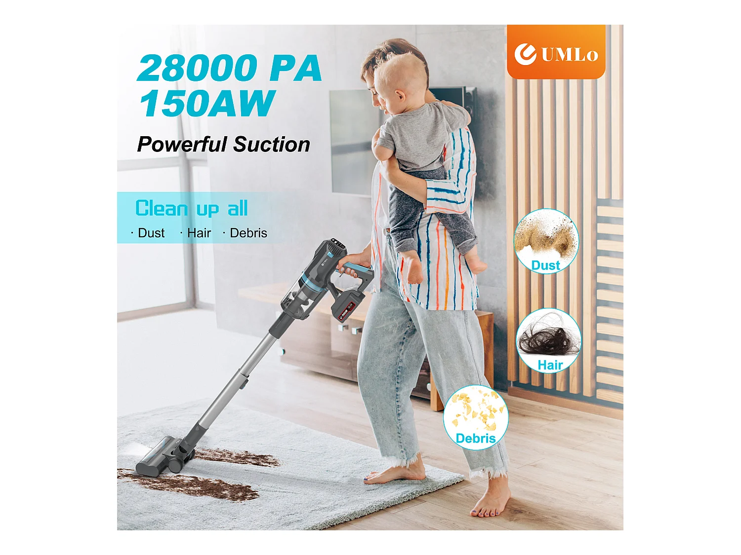 Aspirateur balai sans fil 2-en-1, 300W, batterie 4000mAh, filtration HEPA, affichage LED, bleu et gris (30x25x115 cm)