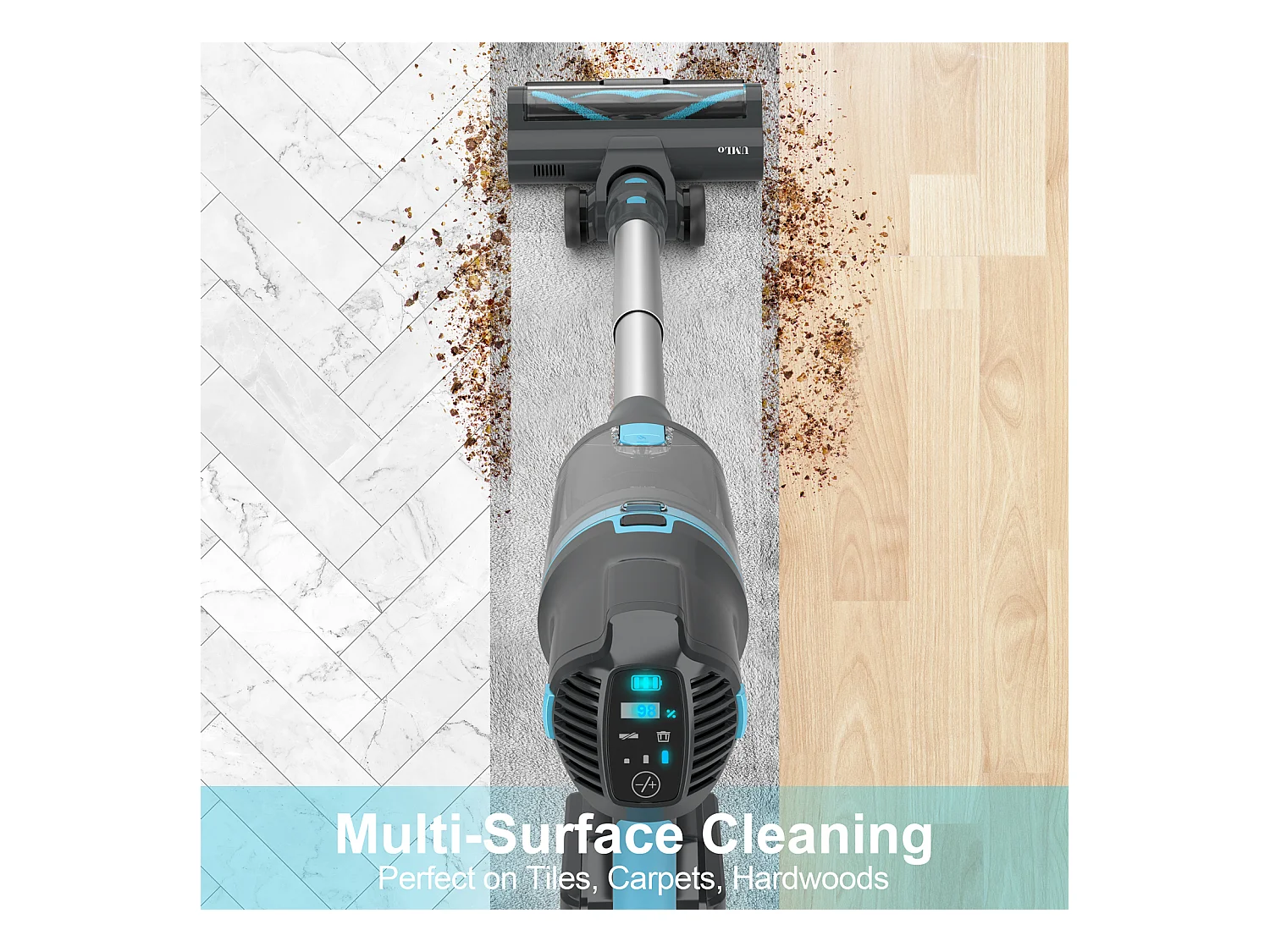 Aspirateur balai sans fil 2-en-1, 300W, batterie 4000mAh, filtration HEPA, affichage LED, bleu et gris (30x25x115 cm)